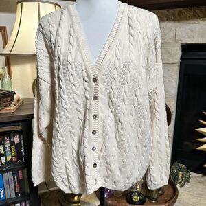 VTG 80s 90s Cotton Forever Chunky Cable knit Cardigan L Fisherman 100% Cotton